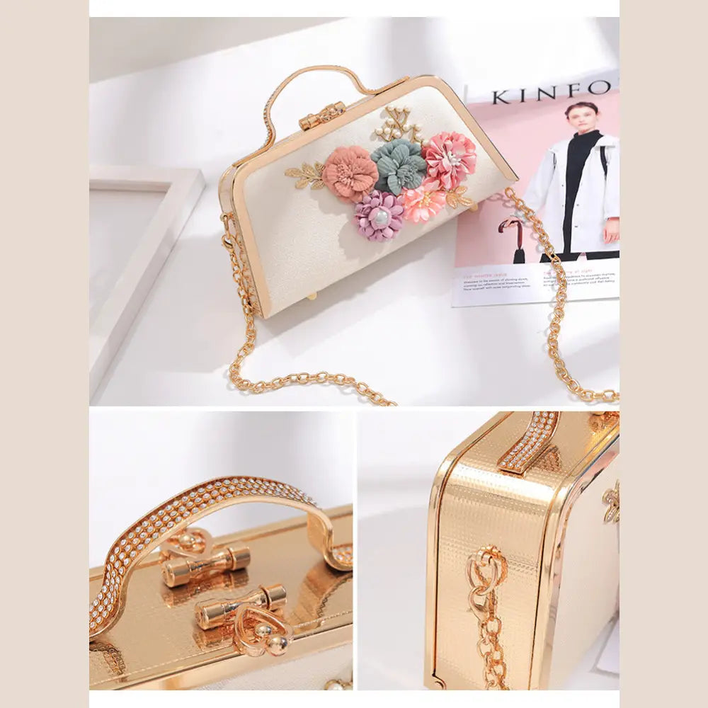 Elegant Floral Chain Shoulder Evening Clutch Bag for Women