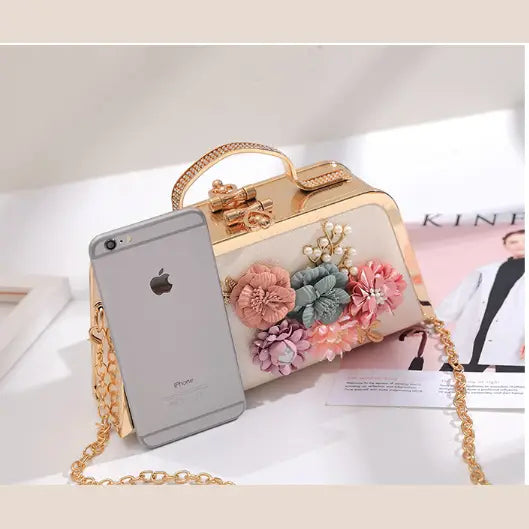 Elegant Floral Chain Shoulder Evening Clutch Bag for Women
