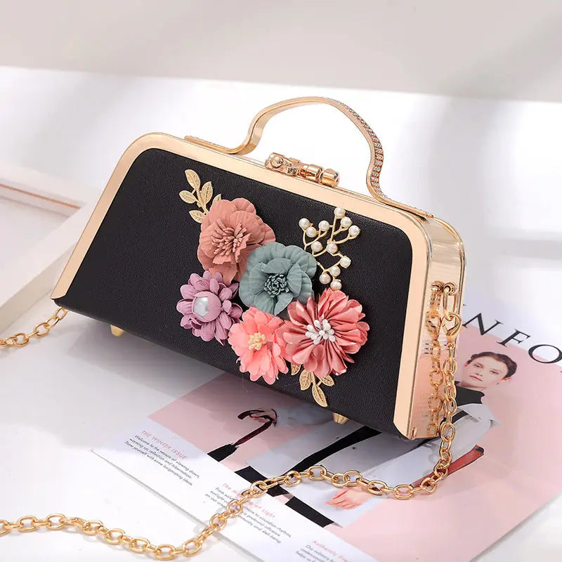 Elegant Floral Chain Shoulder Evening Clutch Bag for Women - Black