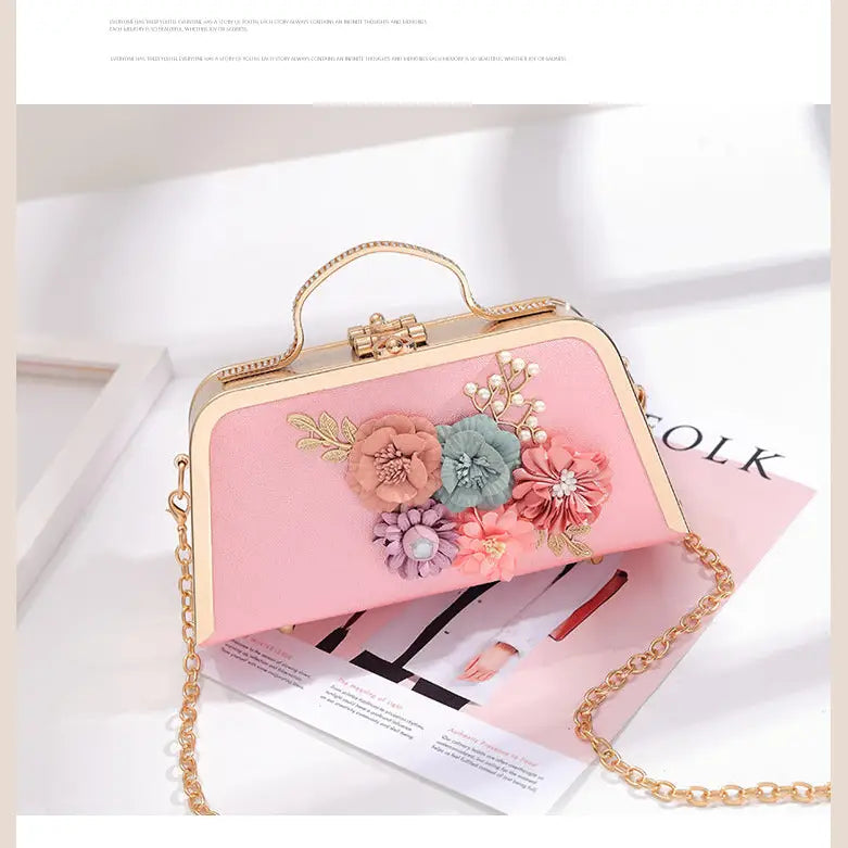 Elegant Floral Chain Shoulder Evening Clutch Bag for Women - Pink