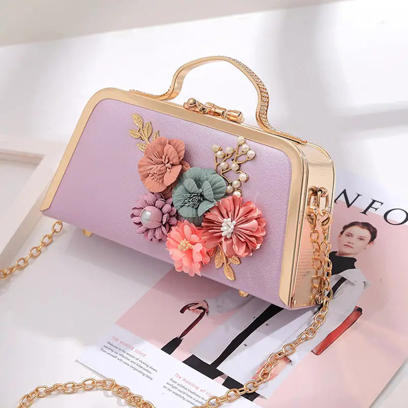 Elegant Floral Chain Shoulder Evening Clutch Bag for Women - Purple