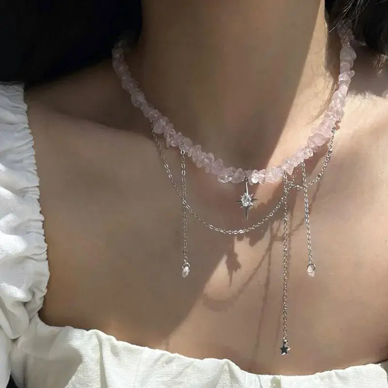 Elegant Multilayer Tassel Chain Pendant Necklace For Women Vintage Creative Natural Blue Stone Chocker Necklace Wedding