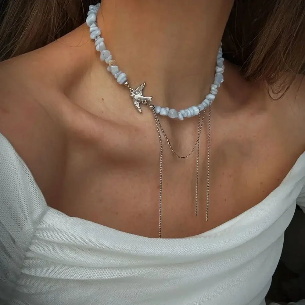 Elegant Multilayer Tassel Chain Pendant Necklace For Women Vintage Creative Natural Blue Stone Chocker Necklace Wedding