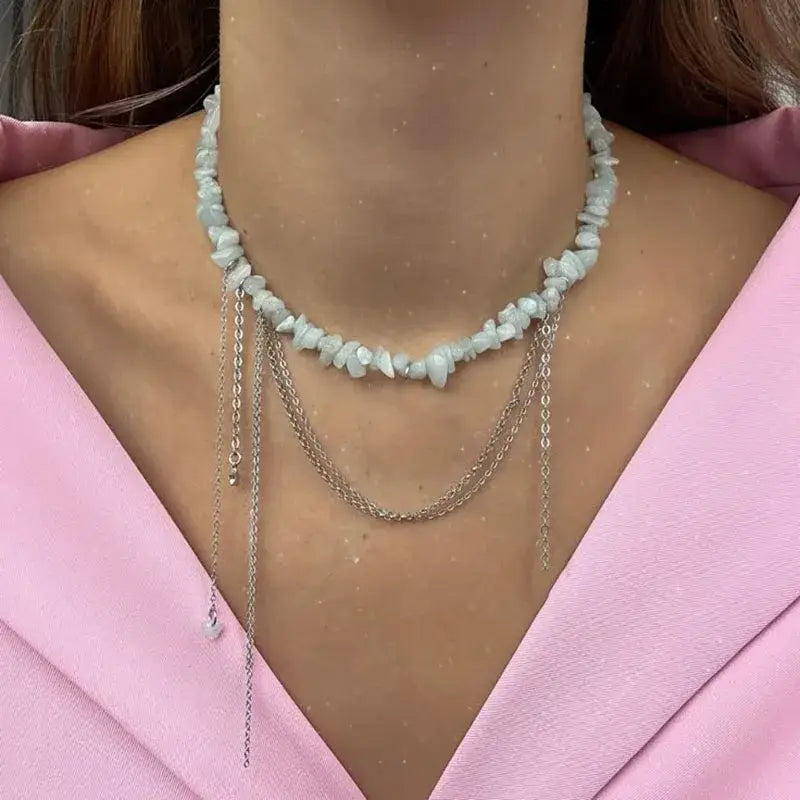 Elegant Multilayer Tassel Chain Pendant Necklace For Women Vintage Creative Natural Blue Stone Chocker Necklace Wedding