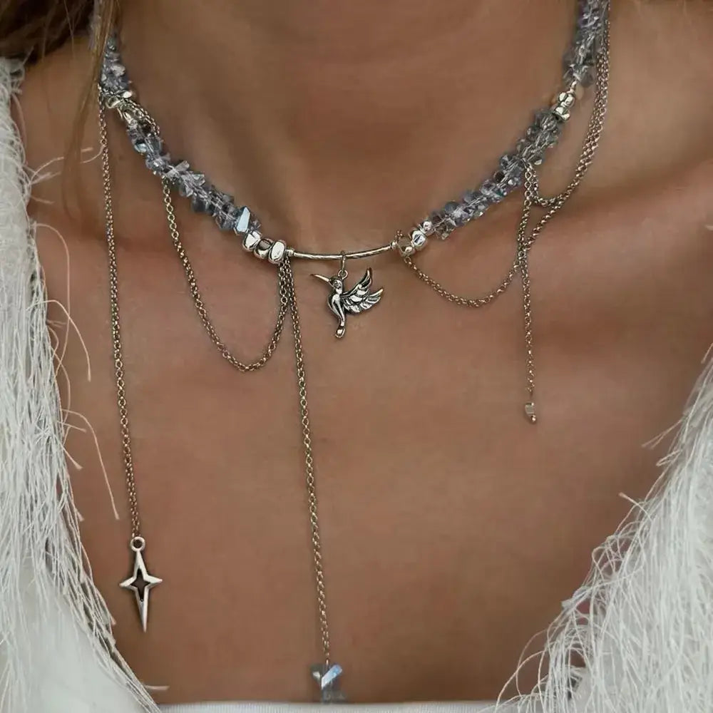 Elegant Multilayer Tassel Chain Pendant Necklace For Women Vintage Creative Natural Blue Stone Chocker Necklace Wedding