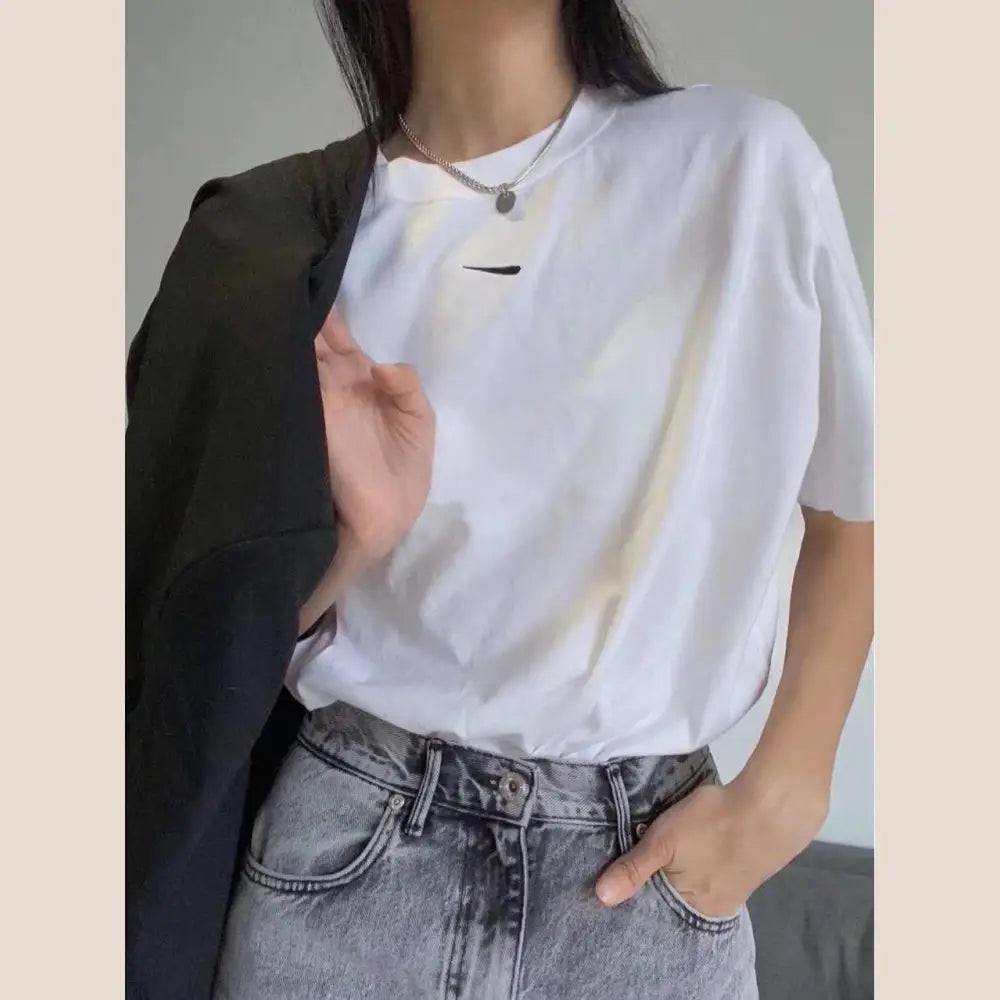 Embroidered Loose Cotton Short Sleeve Tee for All - Black / M