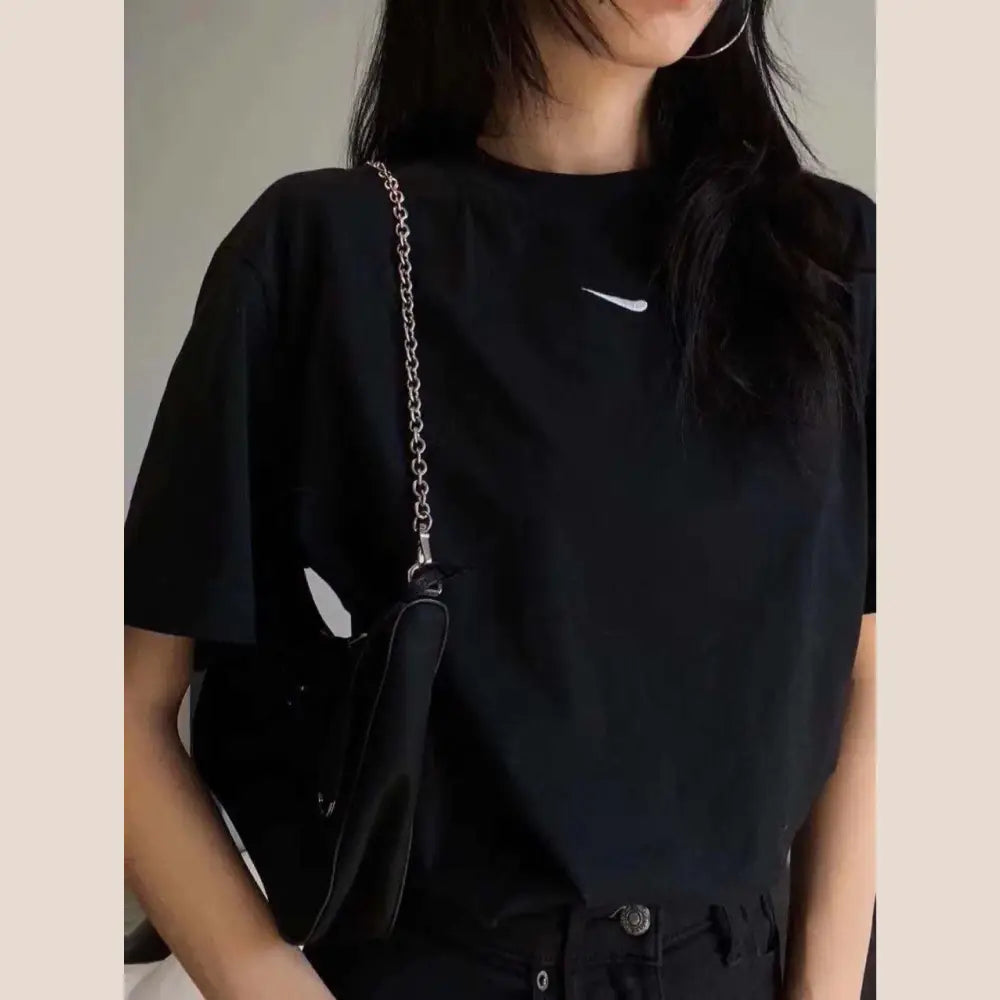 Embroidered Loose Cotton Short Sleeve Tee for All - White / M