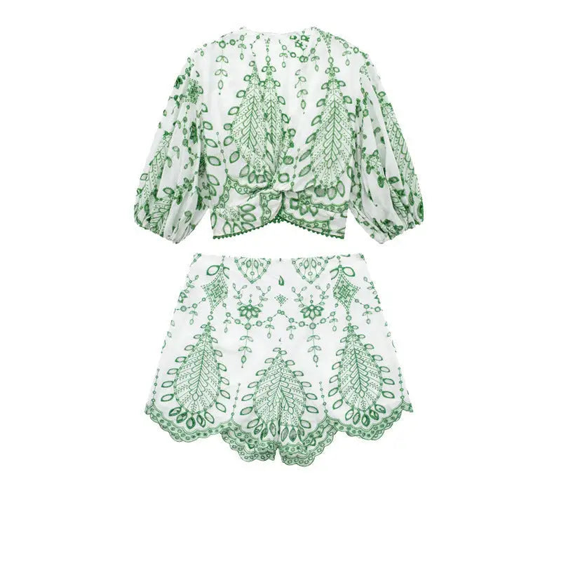 Embroidered V-Neck Crop Top and High-Waist Shorts