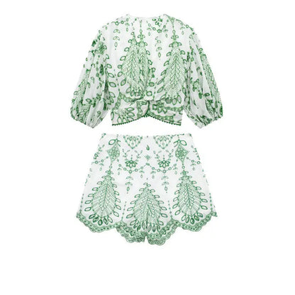 Embroidered V-Neck Crop Top and High-Waist Shorts