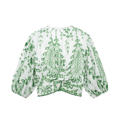 Embroidered V-Neck Crop Top and High-Waist Shorts - Top / L