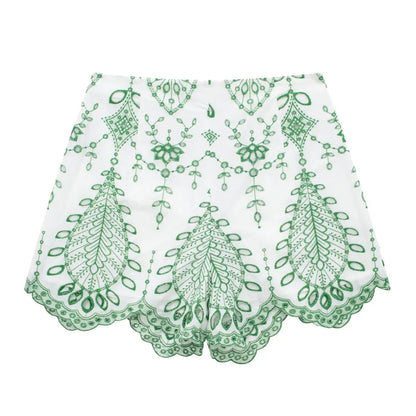 Embroidered V-Neck Crop Top and High-Waist Shorts - Shorts / L
