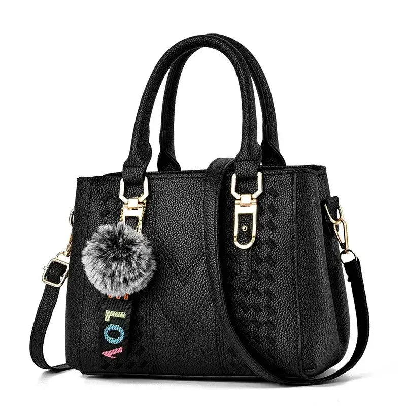 Embroidery Messenger Bags Women Leather Handbags Bags for Women Sac a Main Ladies hair ball Hand Bag - black