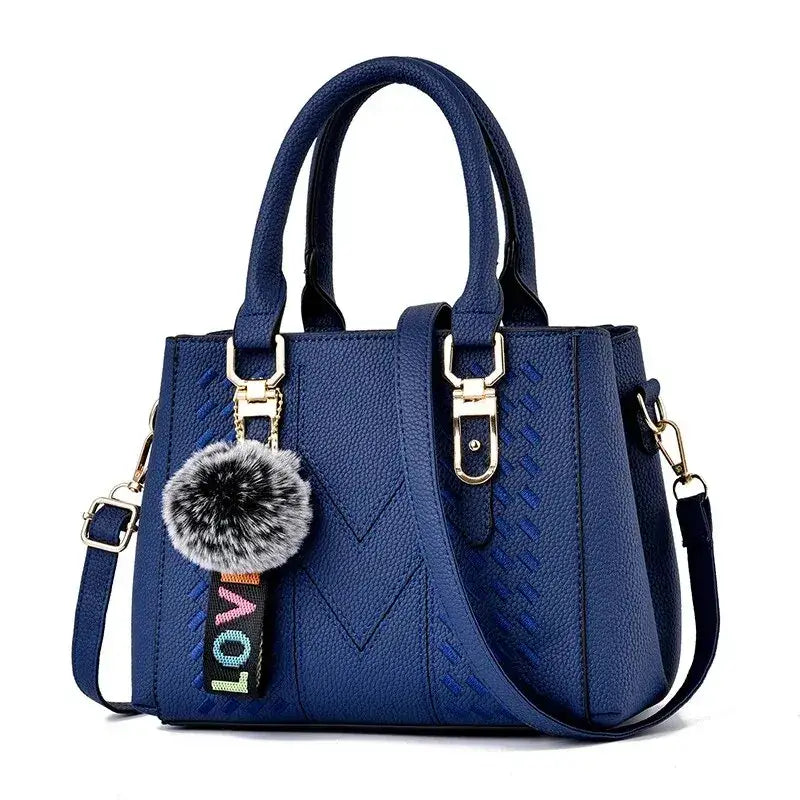 Embroidery Messenger Bags Women Leather Handbags Bags for Women Sac a Main Ladies hair ball Hand Bag - dark pink