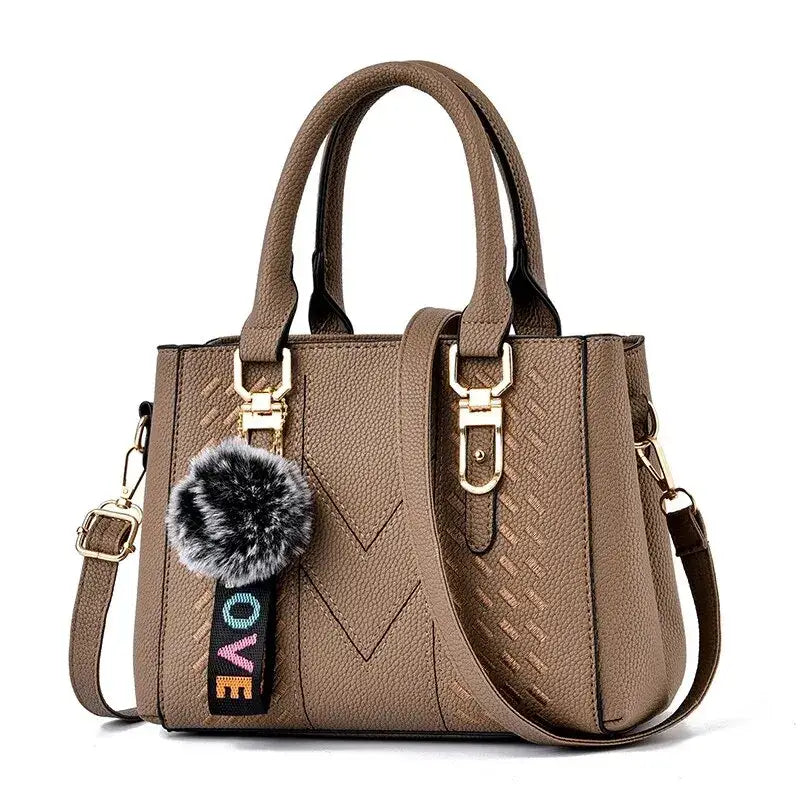 Embroidery Messenger Bags Women Leather Handbags Bags for Women Sac a Main Ladies hair ball Hand Bag - khaki