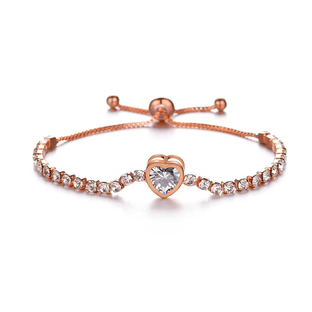 Expandable Bracelet with Zircon Heart Design - Rose Gold