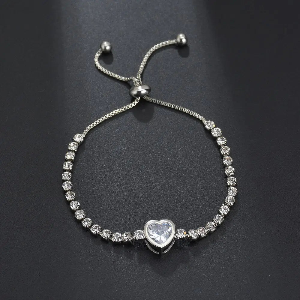Expandable Bracelet with Zircon Heart Design - silvery
