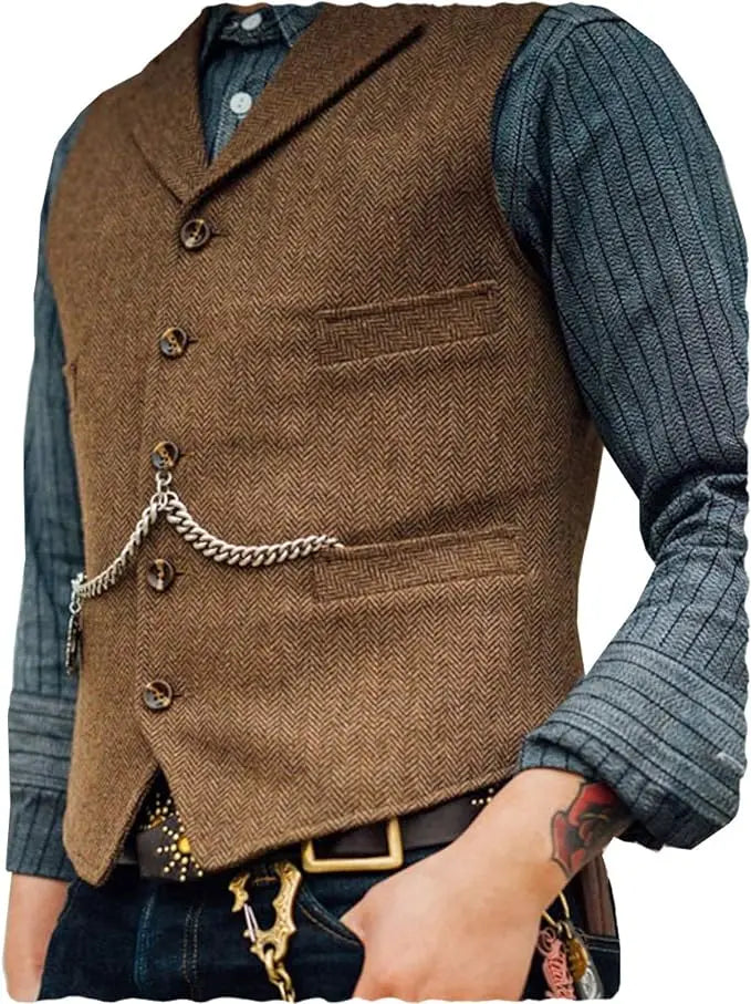 R&z - Vest Lapel V Neck Herringbone Casual Business Vest Waistcoat Groomman For Wedding Tweed Business Waistcoat