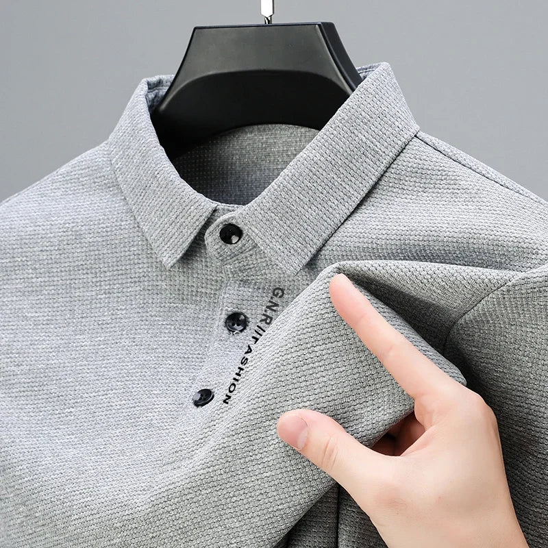 R&z - Men's Waffle Long Sleeved POLO Shirt with Letter Printed Lapel Casual Top