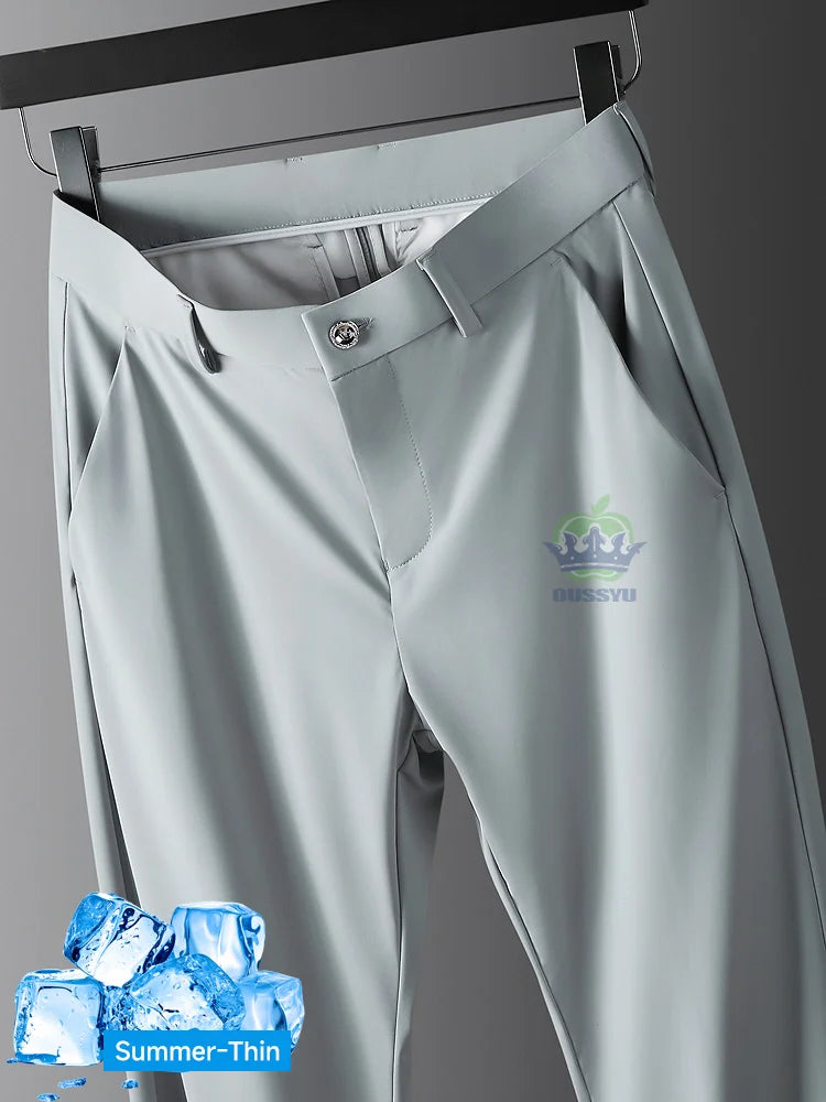 R&z -  Summer Thin Ice Silk Business Pants Men Elastic Waist Classic Work