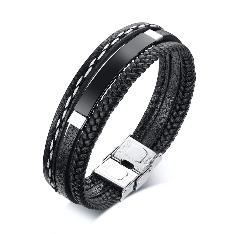 Vnox Custom Logo Name Quote Engrave Multi-layer Leather Bracelets for Men Stainless Steel ID Bangle Personalize Dad Father Gift