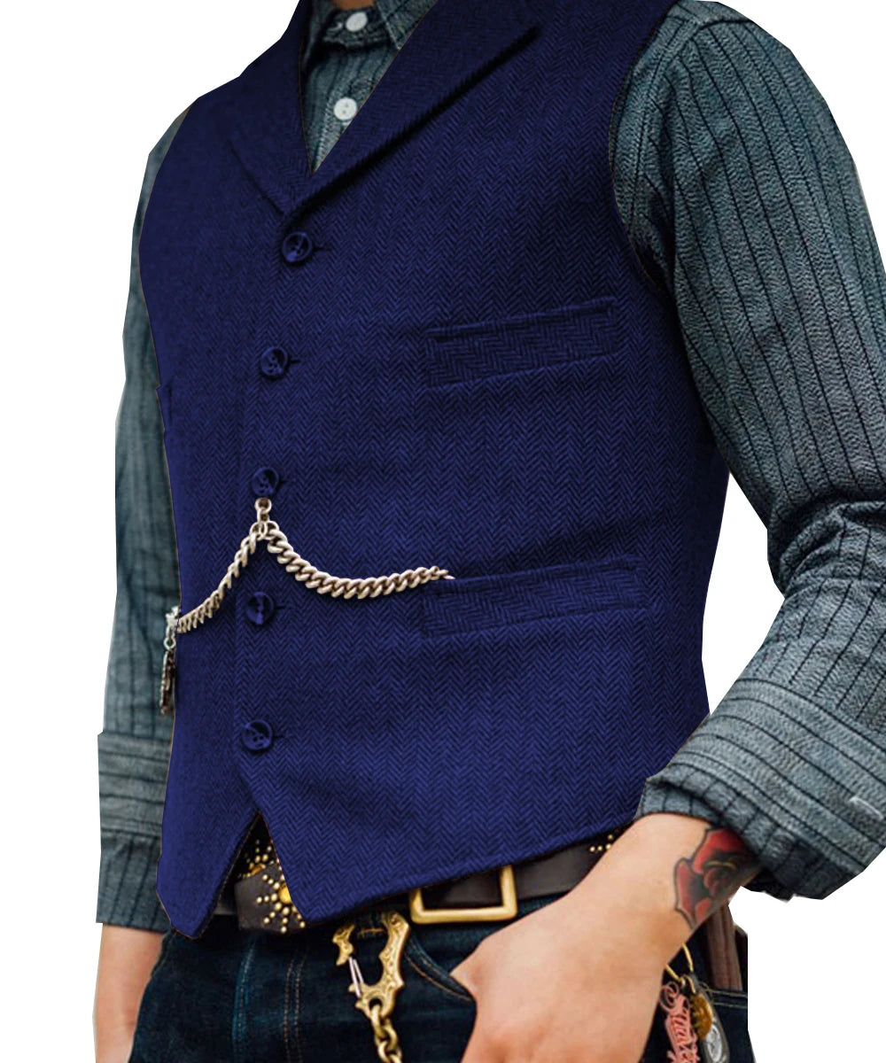 R&z -  Vest Lapel V Neck Wool Herringbone Casual Brown Waistcoat Casual Formal