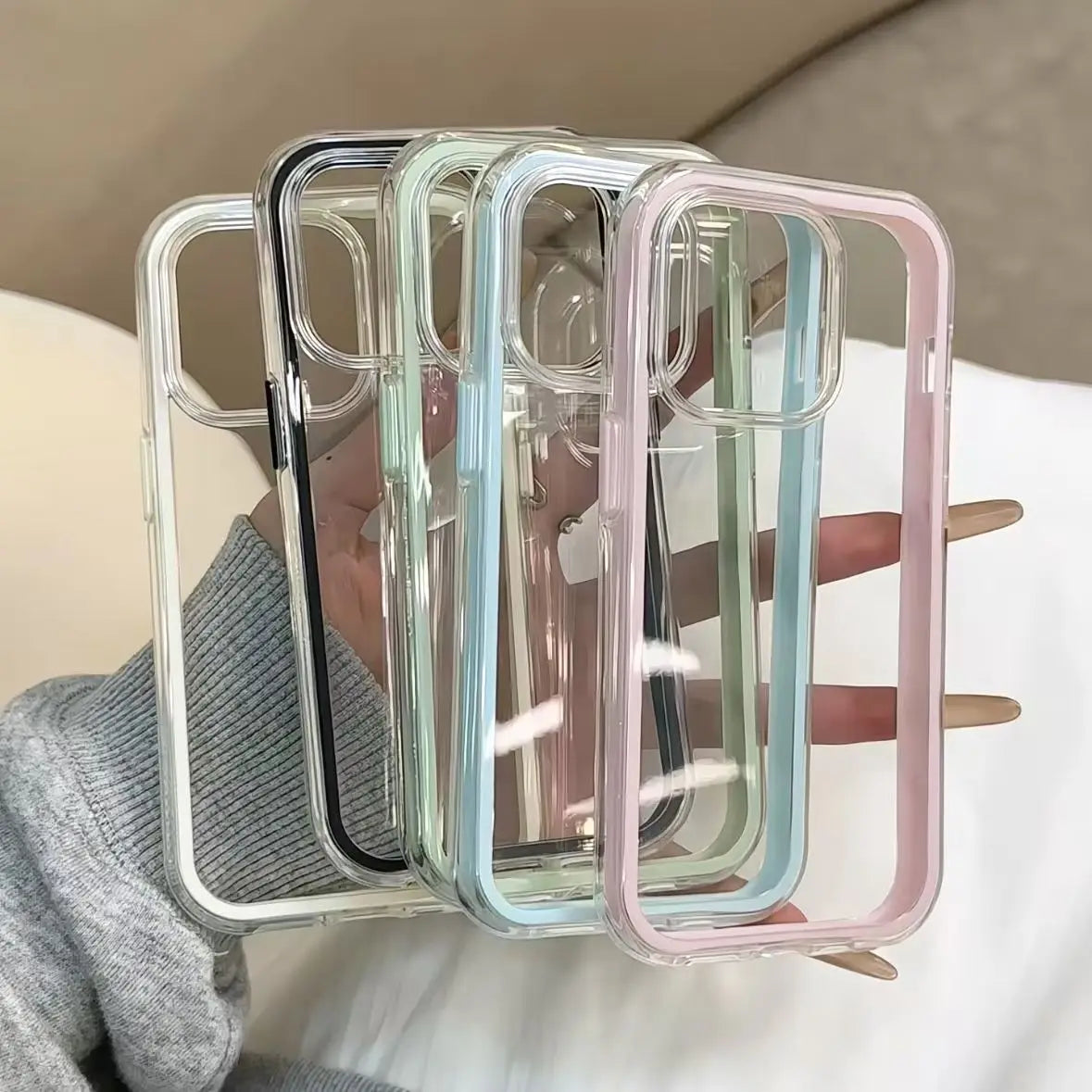 R&z - Luxury Candy Color Frame Clear Back Phone Case For iPhone 17 16 15 14 13 12 Pro Max 11 16PLUS 17 Acrylic Shockproof Bumper Cover