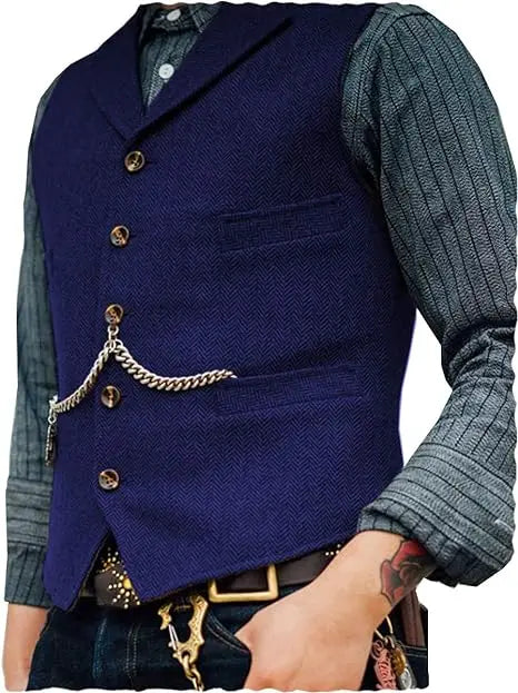 R&z - Vest Lapel V Neck Herringbone Casual Business Vest Waistcoat Groomman For Wedding Tweed Business Waistcoat