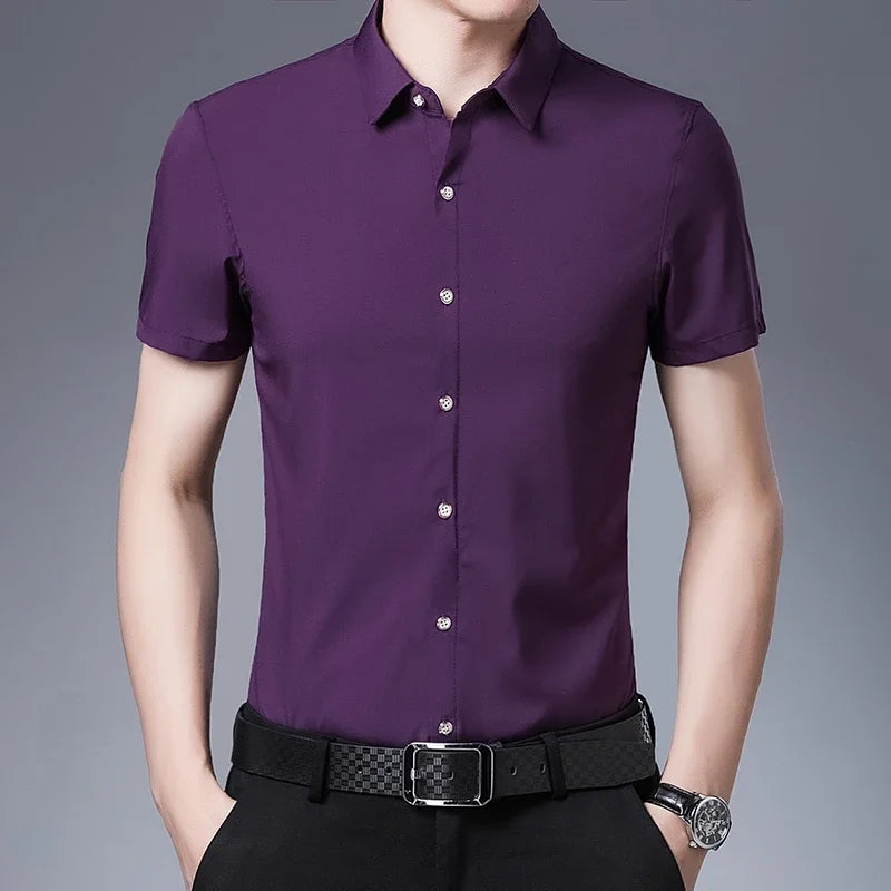 R&z - Men's Business Casual Solid Color Short Sleeved Shirt Non Ironing Comfortable Top