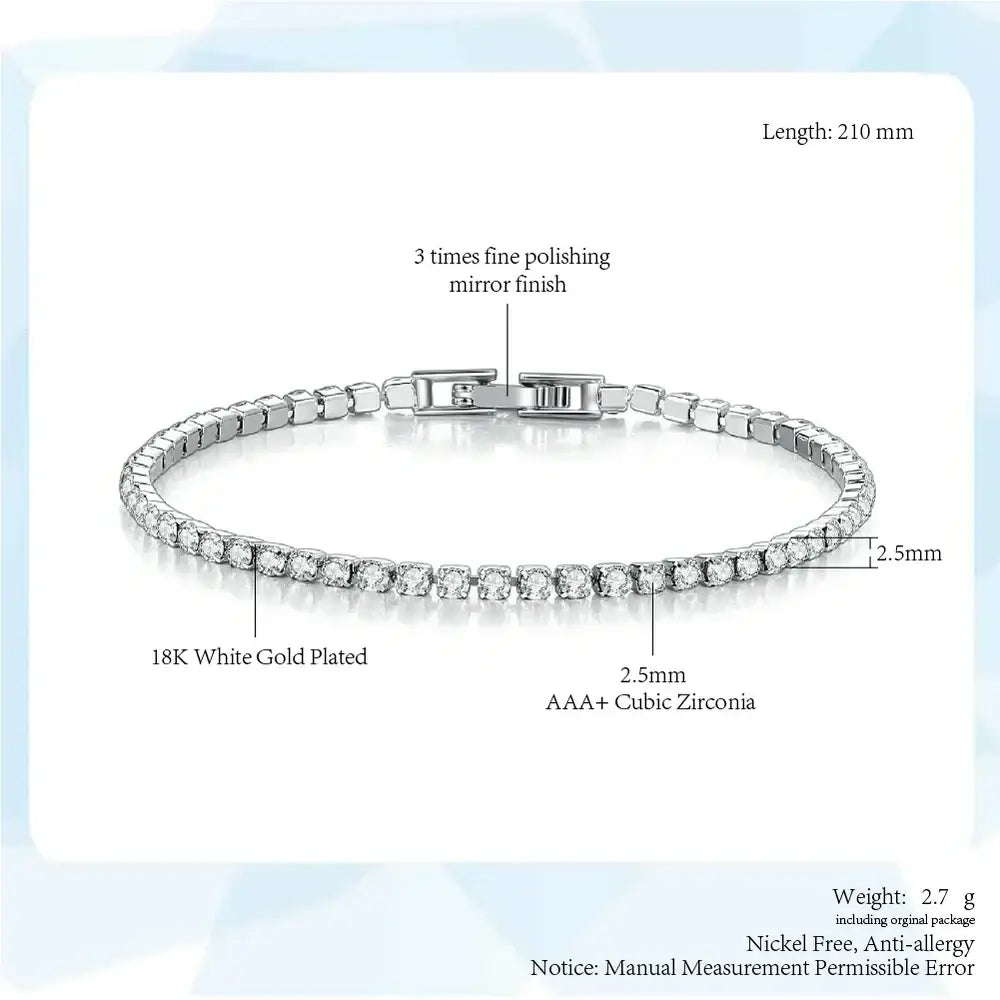 Fashion 2.5mm Zirconia Tennis Bracelet for Women Crystal Charm Designer Tennis Thin Chain Bracelet on Hand Wedding
