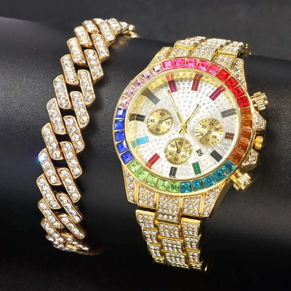 Fashion Hiphop Women Quartz Watch Luxury Cuban Bracelet Chain Sets Rhinestones Dress Wristwatch For Ladies Gift - Gold