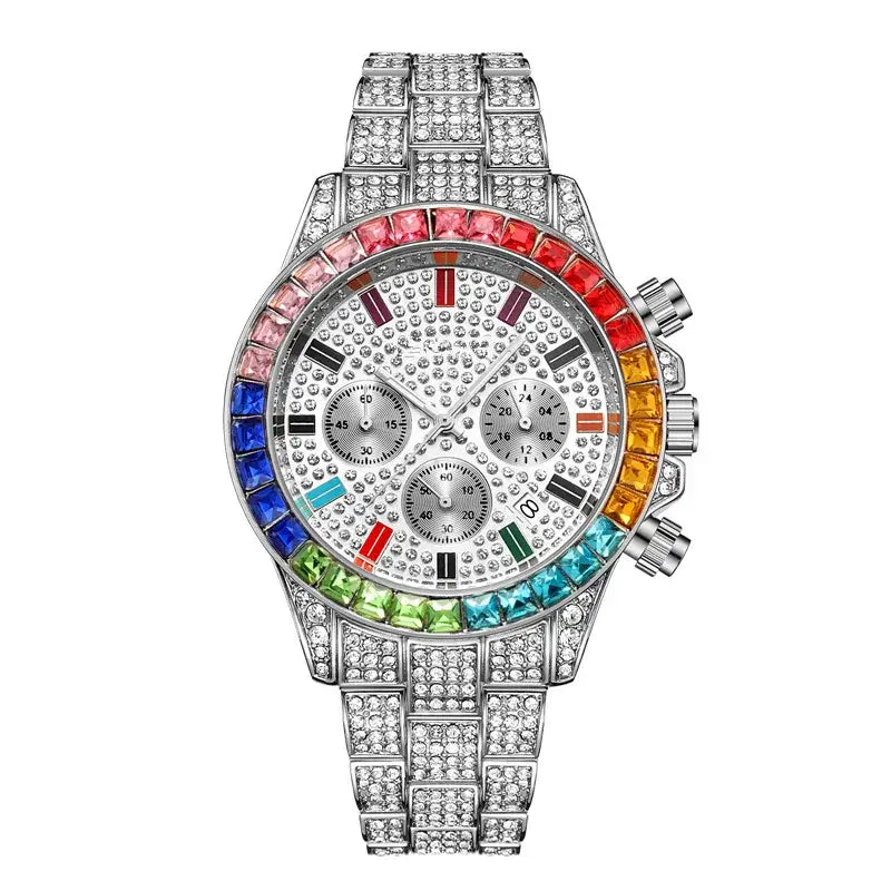 Fashion Hiphop Women Quartz Watch Luxury Cuban Bracelet Chain Sets Rhinestones Dress Wristwatch For Ladies Gift - Silver