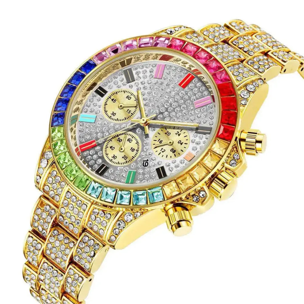 Fashion Hiphop Women Quartz Watch Luxury Cuban Bracelet Chain Sets Rhinestones Dress Wristwatch For Ladies Gift - Gold