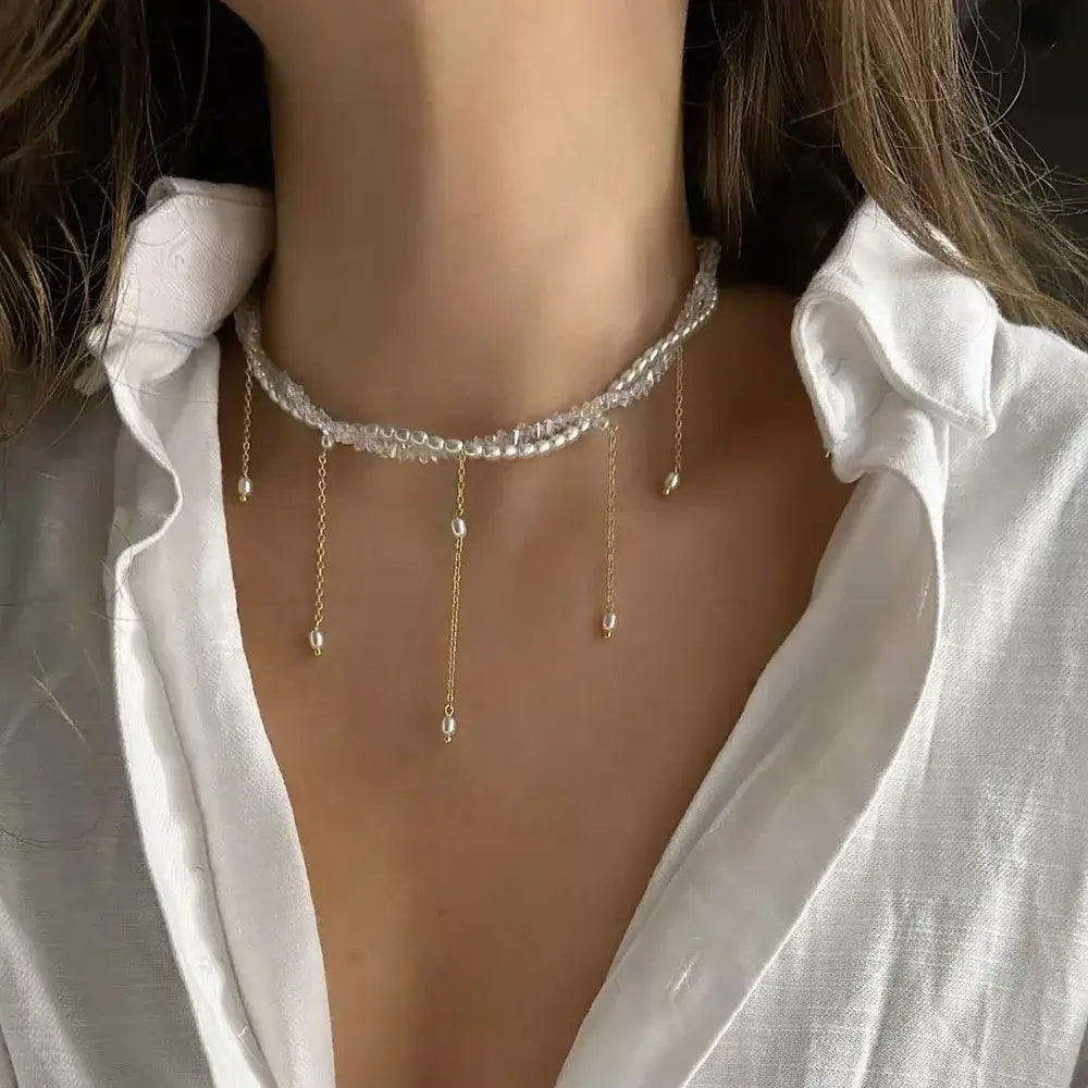 Fashion Tassel Chain Pendant Necklace For Women Boho Transparent Crystal & Imitation Pearl Chain Jewelry Valentine’s