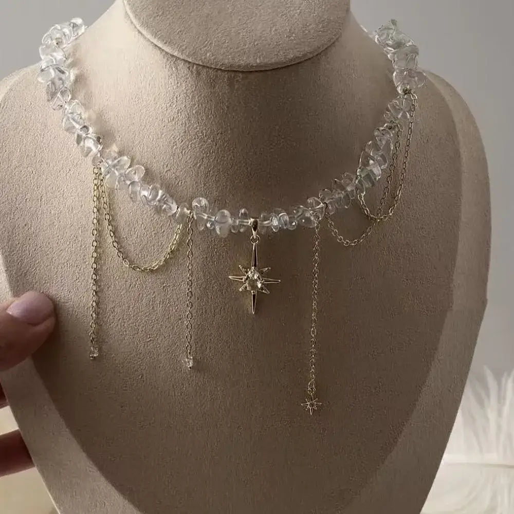 Fashion Tassel Chain Pendant Necklace For Women Boho Transparent Crystal & Imitation Pearl Chain Jewelry Valentine’s