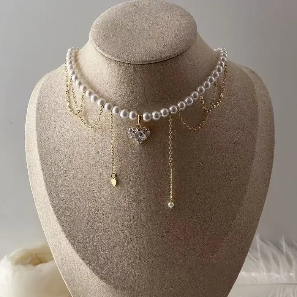Fashion Tassel Chain Pendant Necklace For Women Boho Transparent Crystal & Imitation Pearl Chain Jewelry Valentine’s