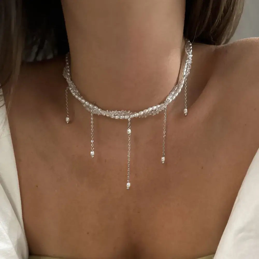 Fashion Tassel Chain Pendant Necklace For Women Boho Transparent Crystal & Imitation Pearl Chain Jewelry Valentine’s