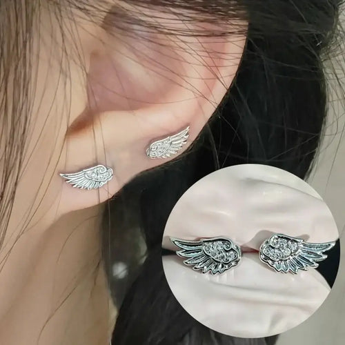 Fashion Zircon Wing Stud Earrings for Women Luxury Shiny Crystal Creative Angel Wings Cross Silver Color Ear Studs