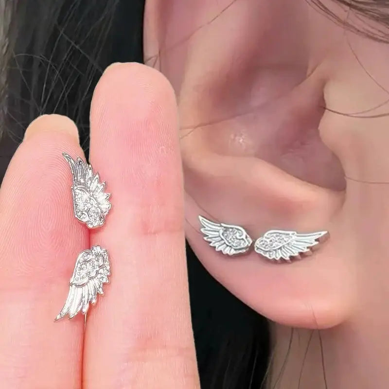 Fashion Zircon Wing Stud Earrings for Women Luxury Shiny Crystal Creative Angel Wings Cross Silver Color Ear Studs