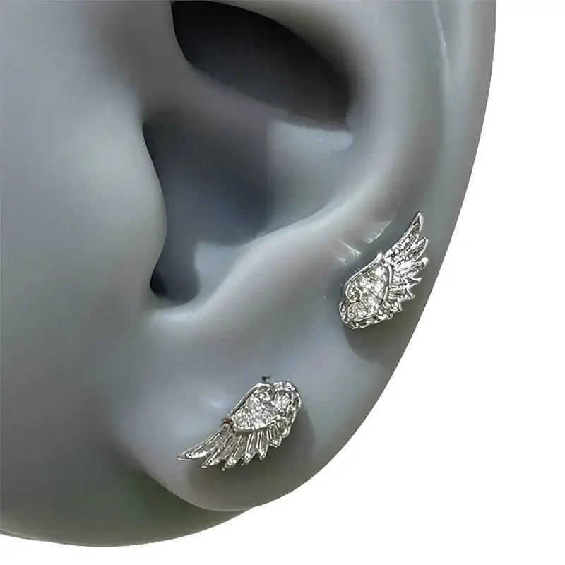 Fashion Zircon Wing Stud Earrings for Women Luxury Shiny Crystal Creative Angel Wings Cross Silver Color Ear Studs