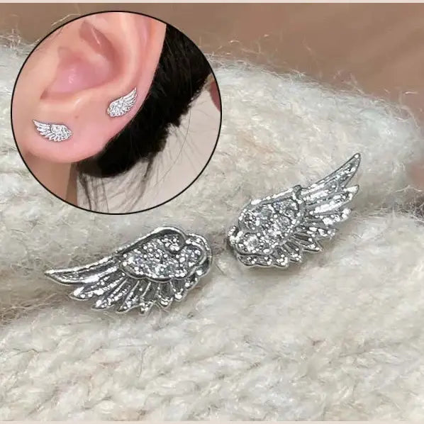 Fashion Zircon Wing Stud Earrings for Women Luxury Shiny Crystal Creative Angel Wings Cross Silver Color Ear Studs