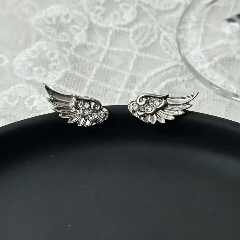 Fashion Zircon Wing Stud Earrings for Women Luxury Shiny Crystal Creative Angel Wings Cross Silver Color Ear Studs