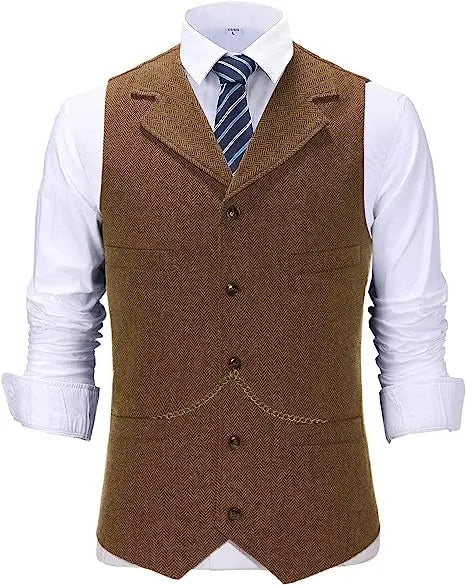 R&z - Vest Lapel V Neck Herringbone Casual Business Vest Waistcoat Groomman For Wedding Tweed Business Waistcoat
