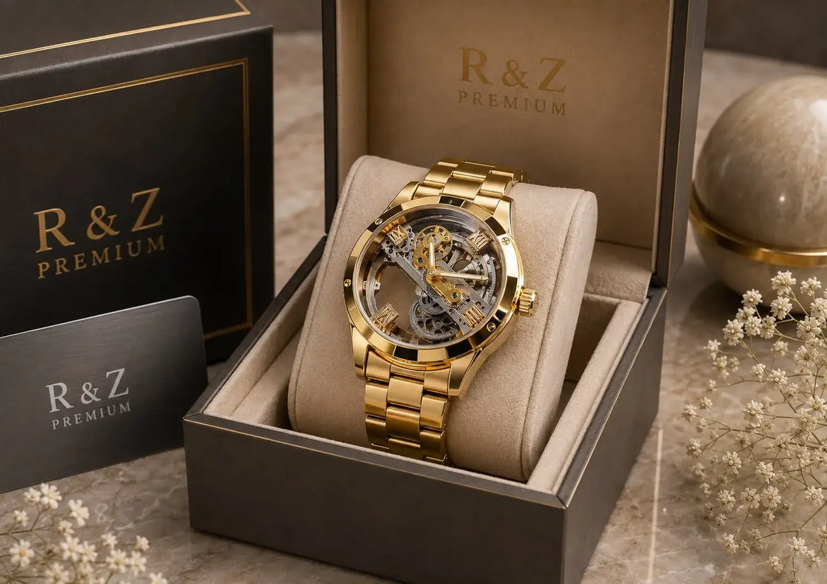 Forsining men’s gold skeleton transparent automatic mechanical watch with roman numerals and metal band in gift box