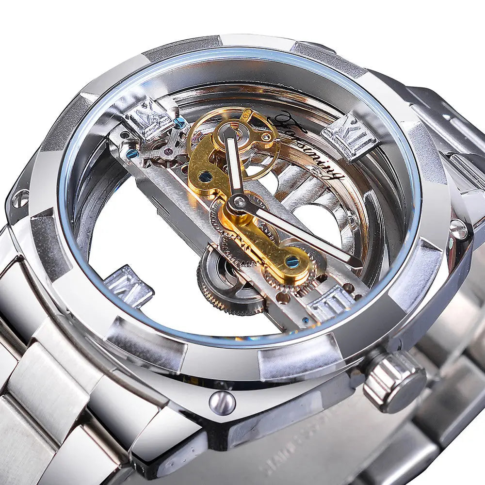 Forsining men’s transparent automatic mechanical watch with silver skeleton dial, gold and steel gears, roman numerals, and stainless bracelet