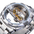 Forsining men’s transparent automatic mechanical watch with silver skeleton dial, gold and steel gears, roman numerals, and stainless bracelet