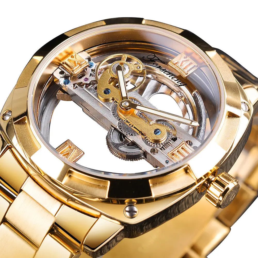 Forsining men’s transparent automatic mechanical watch with gold-toned skeletonized dial and polished metal bracelet