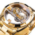 Forsining men’s transparent automatic mechanical watch with gold-toned skeletonized dial and polished metal bracelet