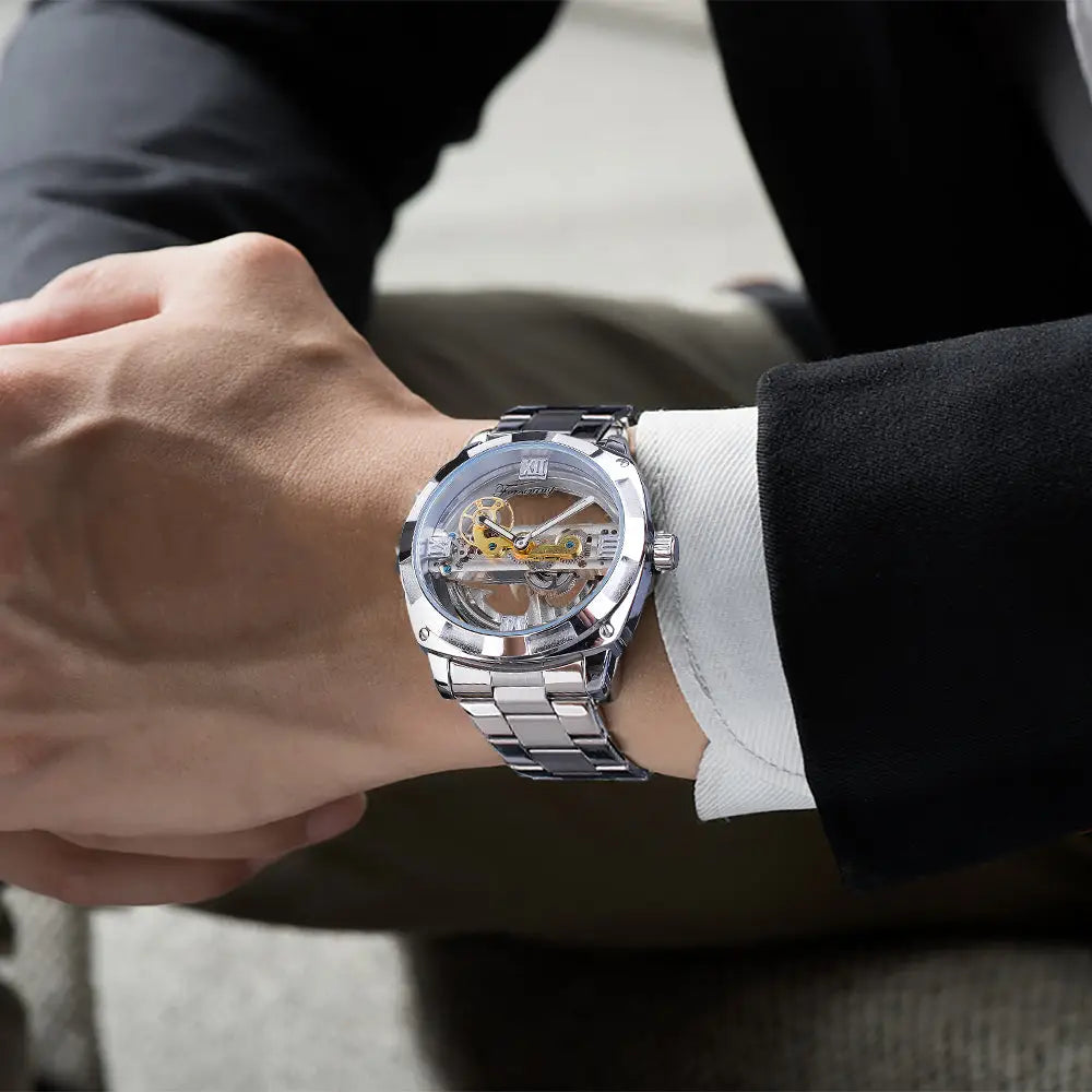 Forsining men’s transparent automatic mechanical watch with silver skeleton dial gold gear train and stainless steel bracelet