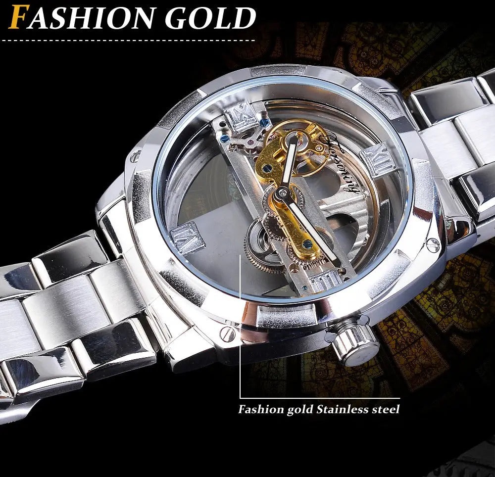 Forsining men’s silver stainless steel skeleton watch with exposed gold gears and roman markers mechanical watch