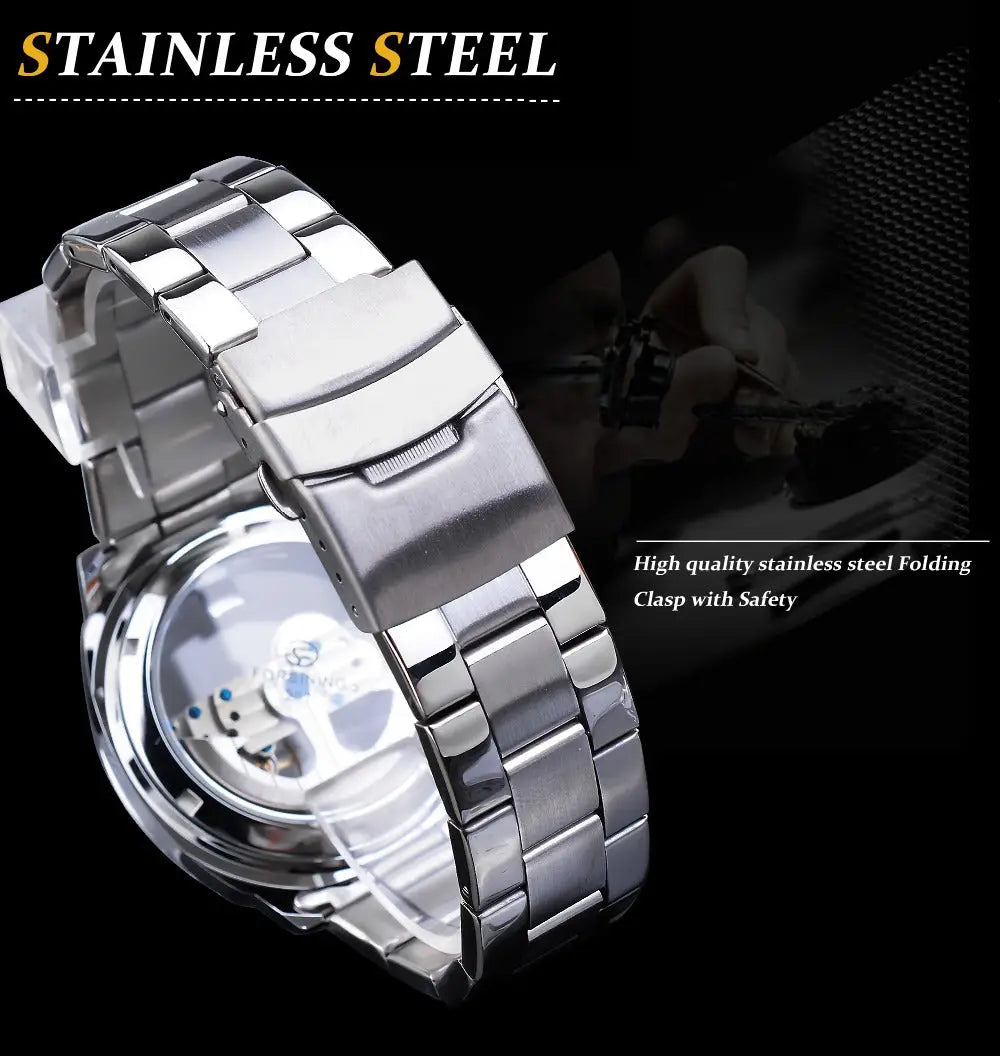 Silver stainless steel watch band with sleek interlocking links and folding clasp for forsining men’s transparent automatic mechanical watch